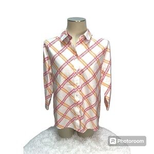 Chico's No Iron Stretch Button Down White Pink Orange Plaid Women's Size 2